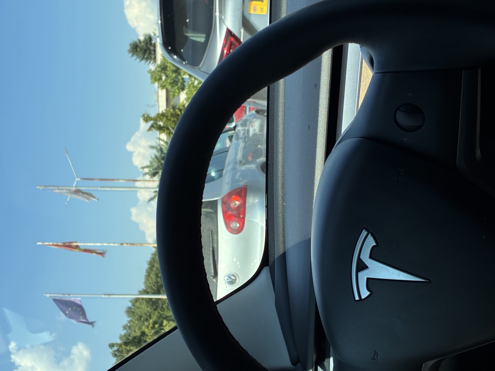 Tesla steering wheel with national flags visible in the background at a Balkans border crossing