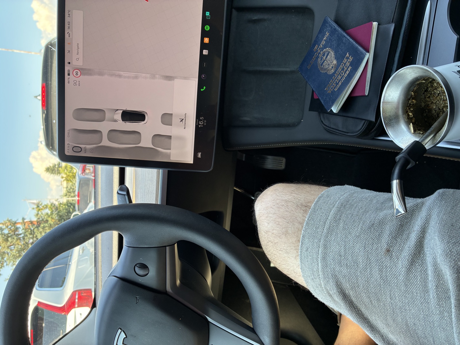 Tesla interior at a border crossing: passport, mate and phone with map on the centre console